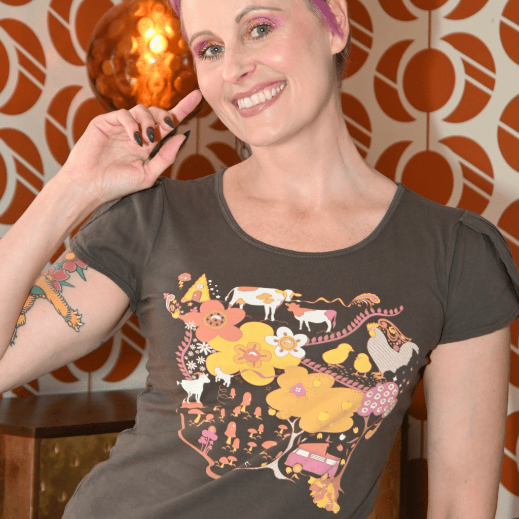 Whimsical Landscape & Animal Tee in Walnut Graphic tee La Vie Bien Whimsical Landscape & Animal Tee in Walnut