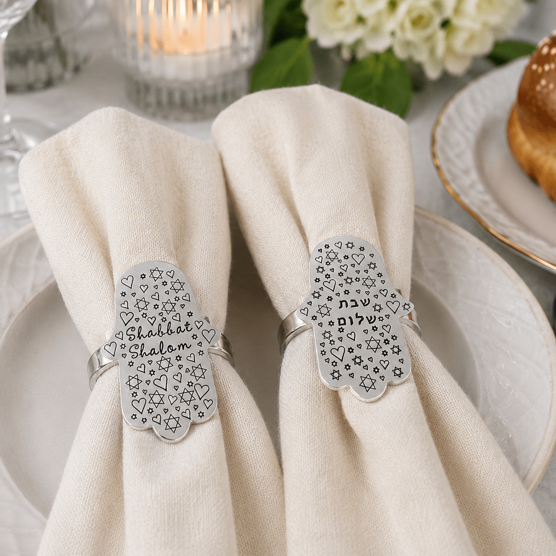 Whimsical Shabbat Shalom Hamsa Napkin Rings Shabbat & Shalom La Vie Bien Whimsical Shabbat Shalom Hamsa Napkin Rings
