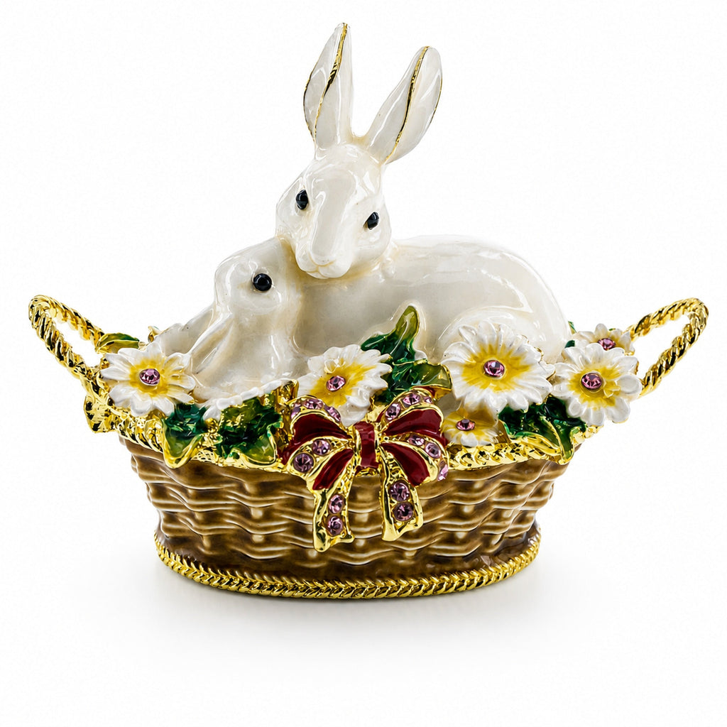 White Bunny Family in Easter Basket Trinket Box Figurine 2.5 Inches Easter > Figurines > Bunnies La Vie Bien White Bunny Family in Easter Basket Trinket Box Figurine 2.5 Inches