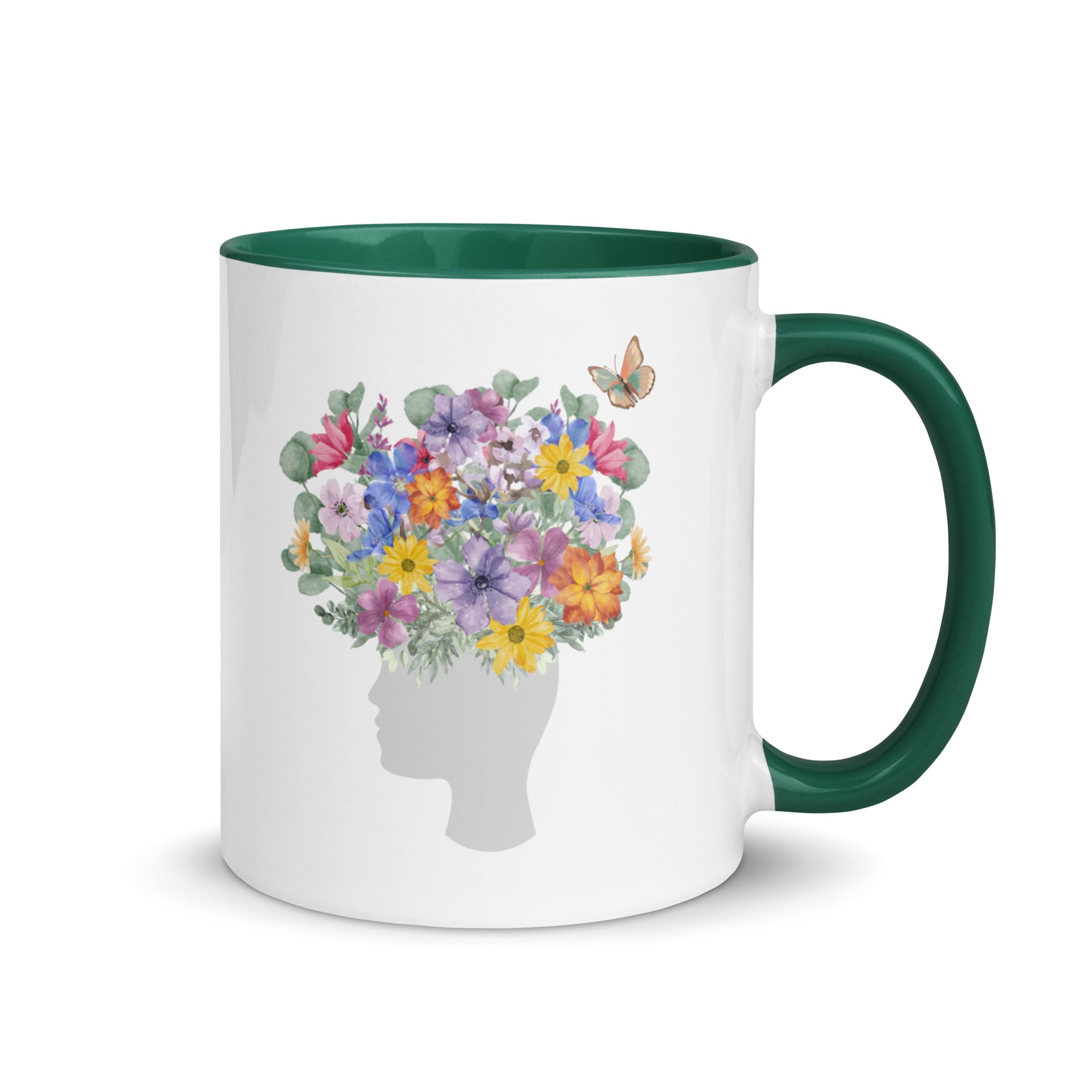An image of the mug with Color Inside and a graphic of a head with flowers coming out of the top