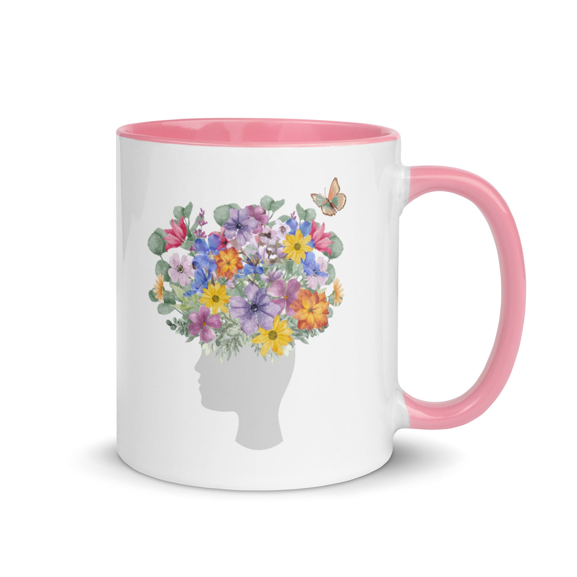 An image of the mug with Color Inside and a graphic of a head with flowers coming out of the top