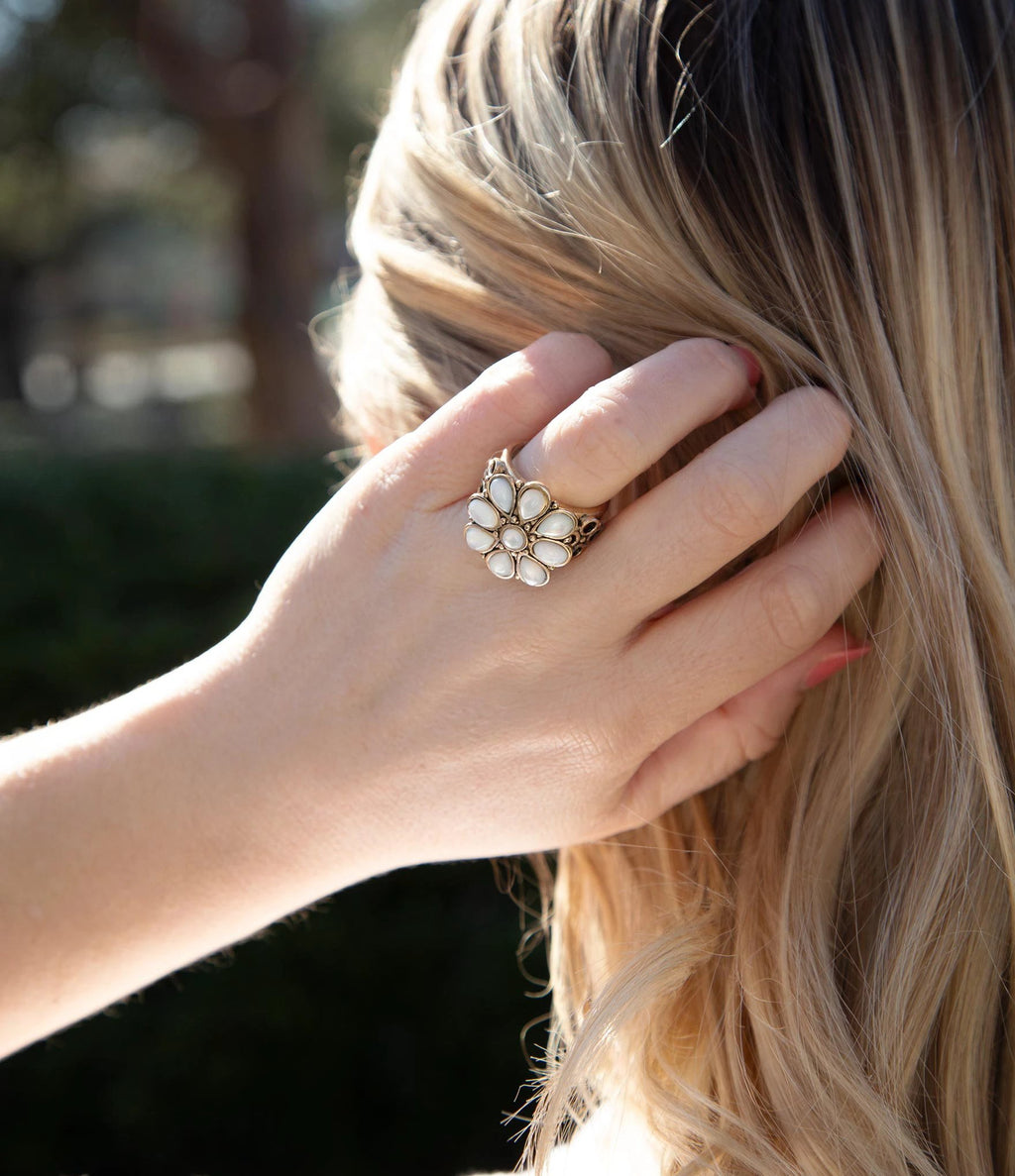 White Hibiscus Mother of Pearl and Golden Ring by Barse Jewelry