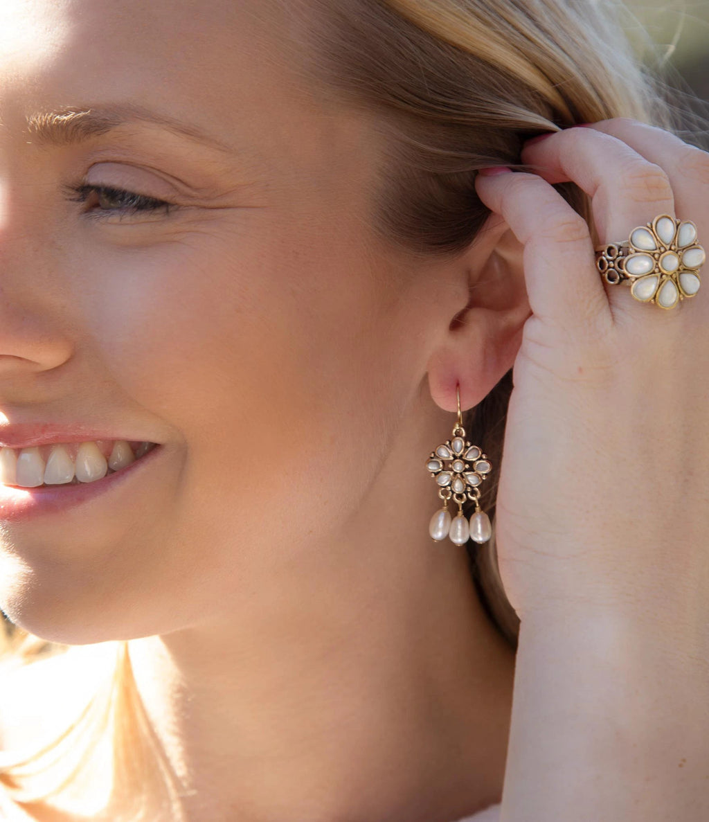 White Hibiscus Mother of Pearl and Golden Ring by Barse Jewelry