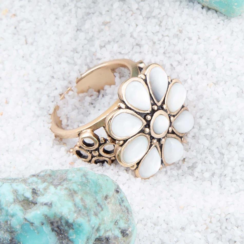 White Hibiscus Mother of Pearl and Golden Ring by Barse Jewelry