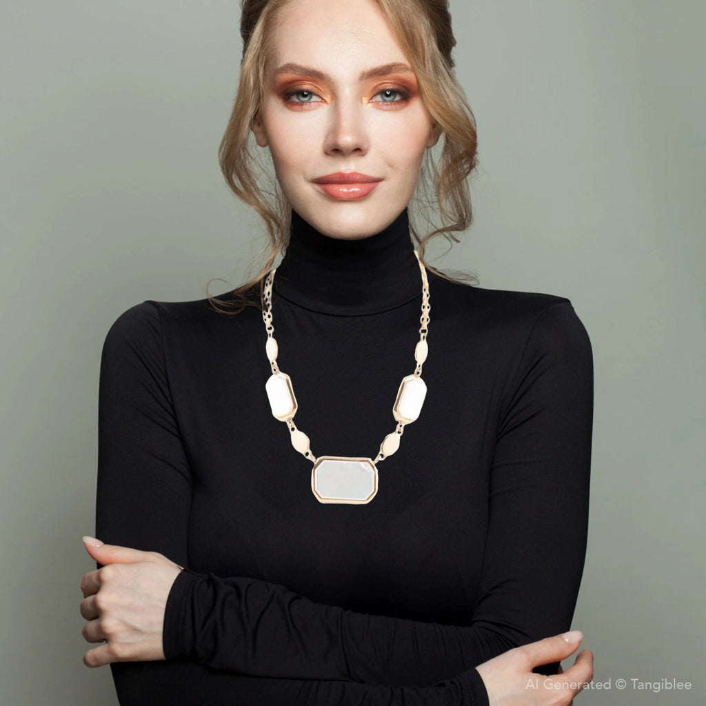 White Mother of Pearl and Golden Bronze Statement Necklace by Barse Jewelry