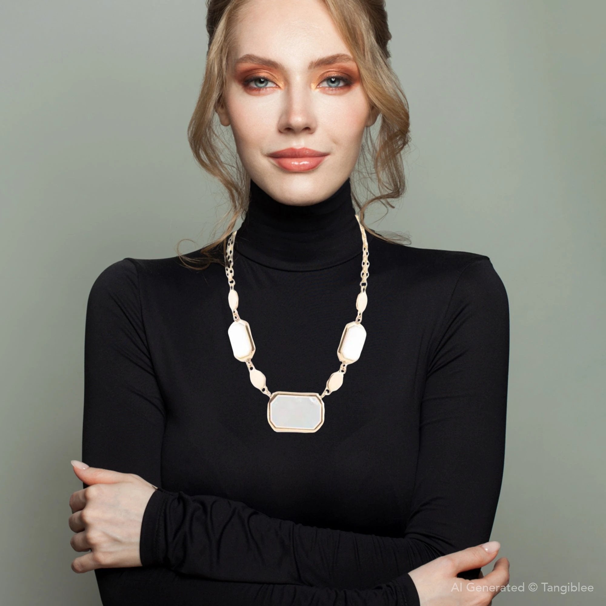 White Mother of Pearl and Golden Bronze Statement Necklace by Barse Jewelry