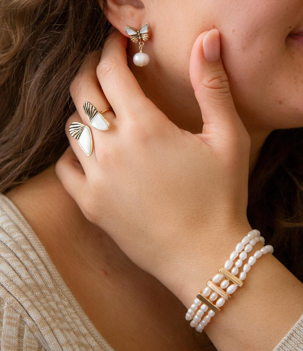 White Mother of Pearl Golden Butterfly Statement Ring Rings La Vie Bien White Mother of Pearl Golden Butterfly Statement Ring
