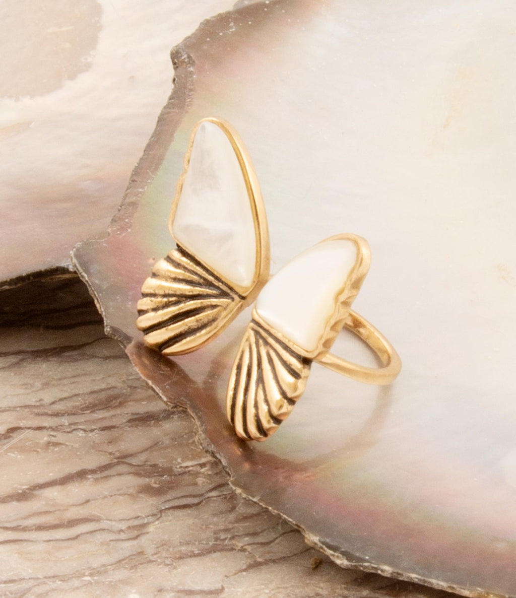 White Mother of Pearl Golden Butterfly Statement Ring Rings La Vie Bien White Mother of Pearl Golden Butterfly Statement Ring