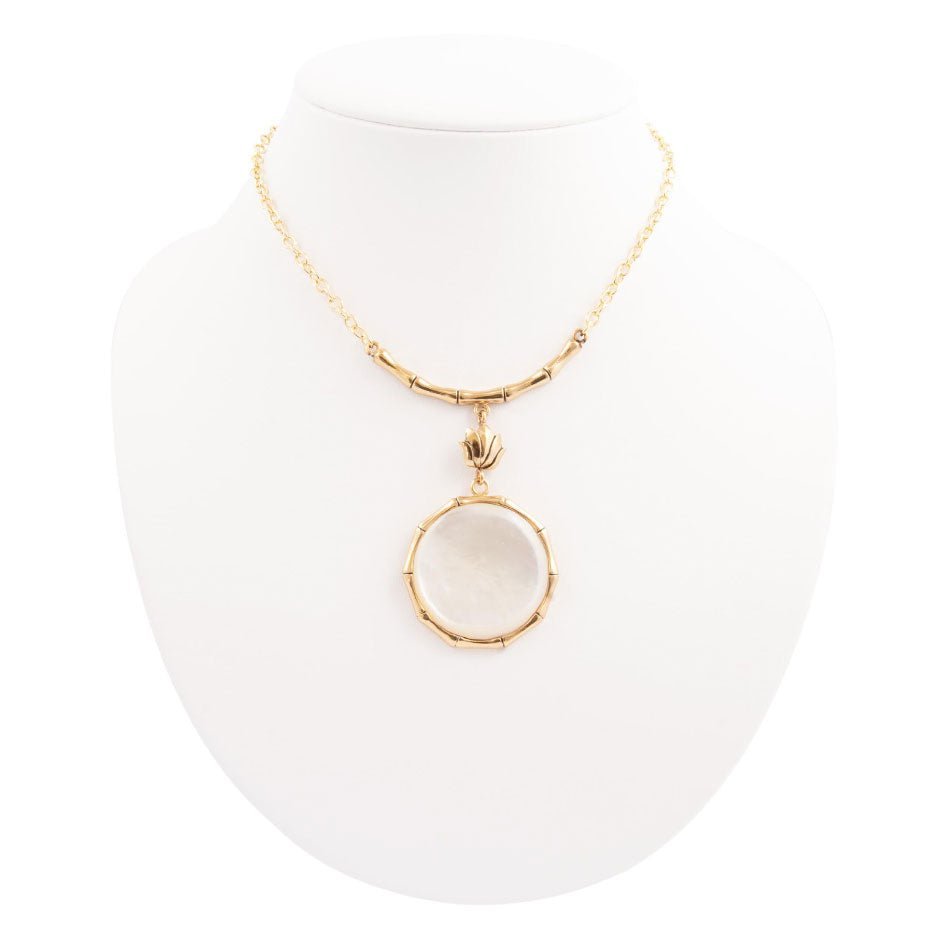 White Mother of Pearl Golden Statement Pendant Necklace Earrings La Vie Bien White Mother of Pearl Golden Statement Pendant Necklace