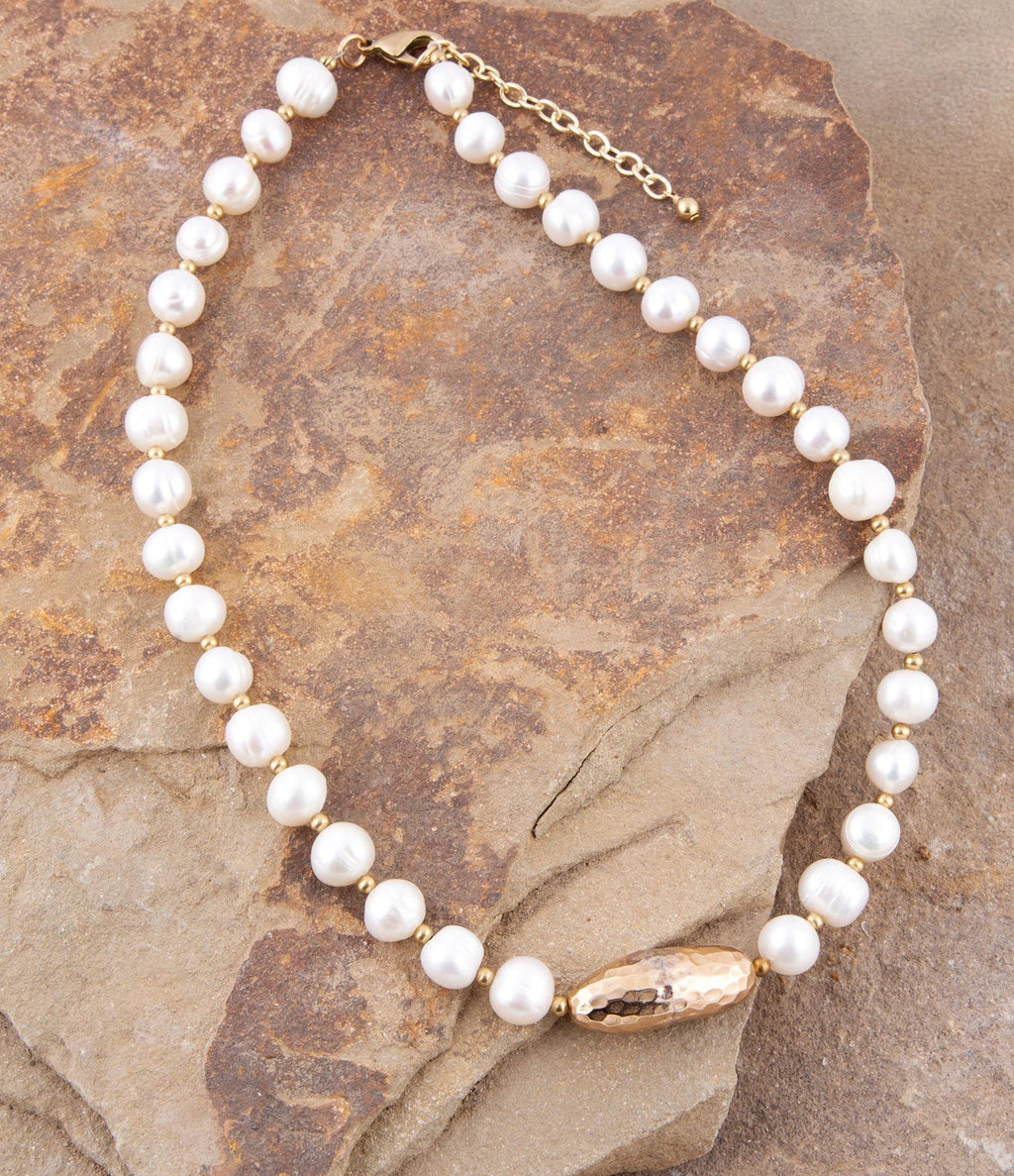 White Pearl Golden Beaded Strand Necklace by Barse Jewelry