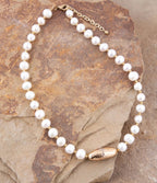 White Pearl Golden Beaded Strand Necklace by Barse Jewelry
