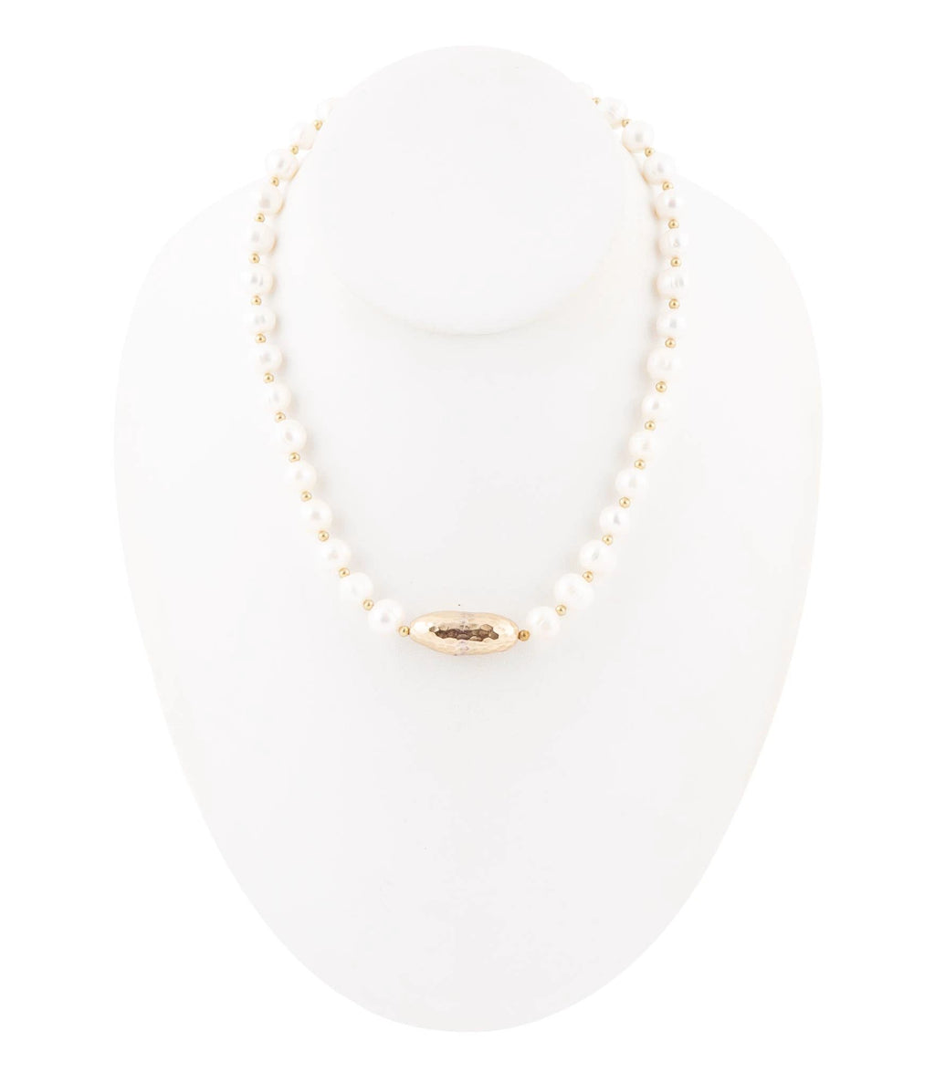 White Pearl Golden Beaded Strand Necklace by Barse Jewelry