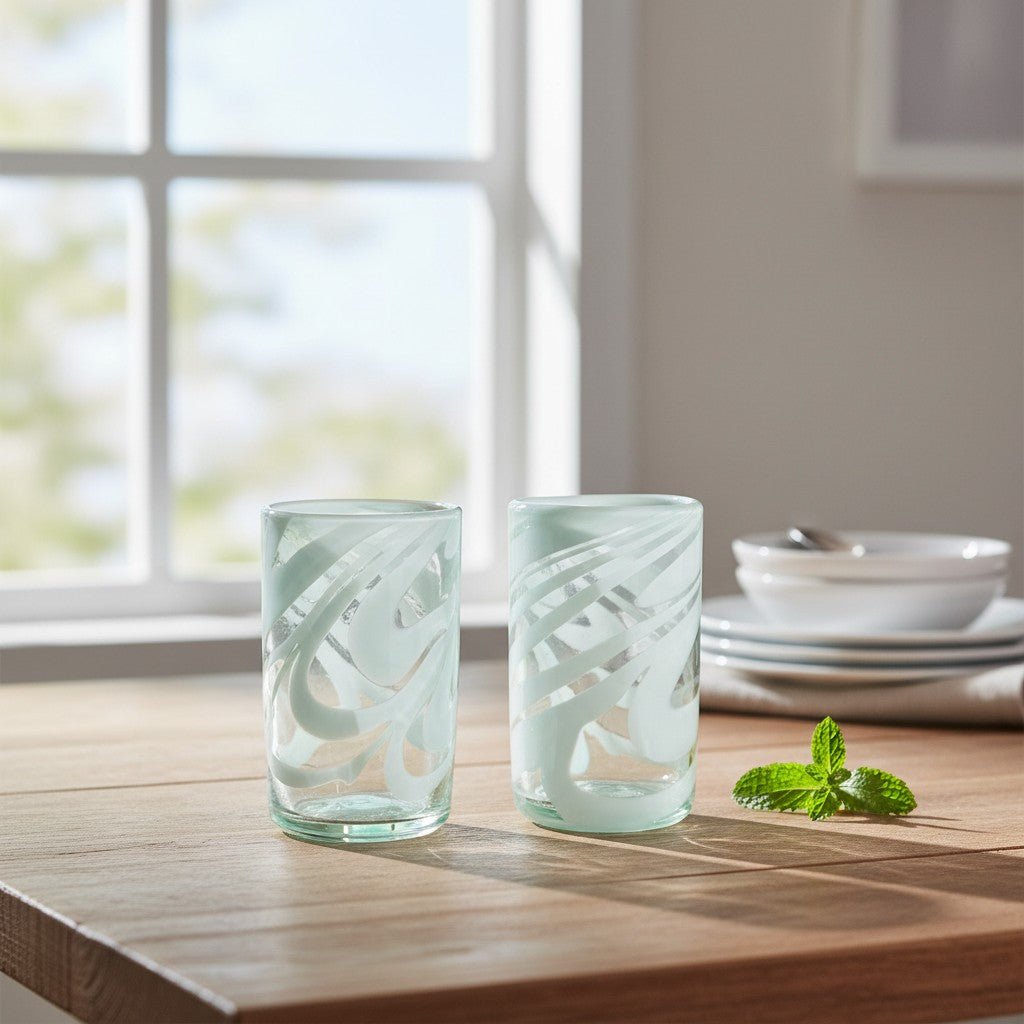 White Swirl Hand-Blown Mexican Glass | Artisan Drinkware Mexican Drinking Glass La Vie Bien White Swirl Hand-Blown Mexican Glass | Artisan Drinkware