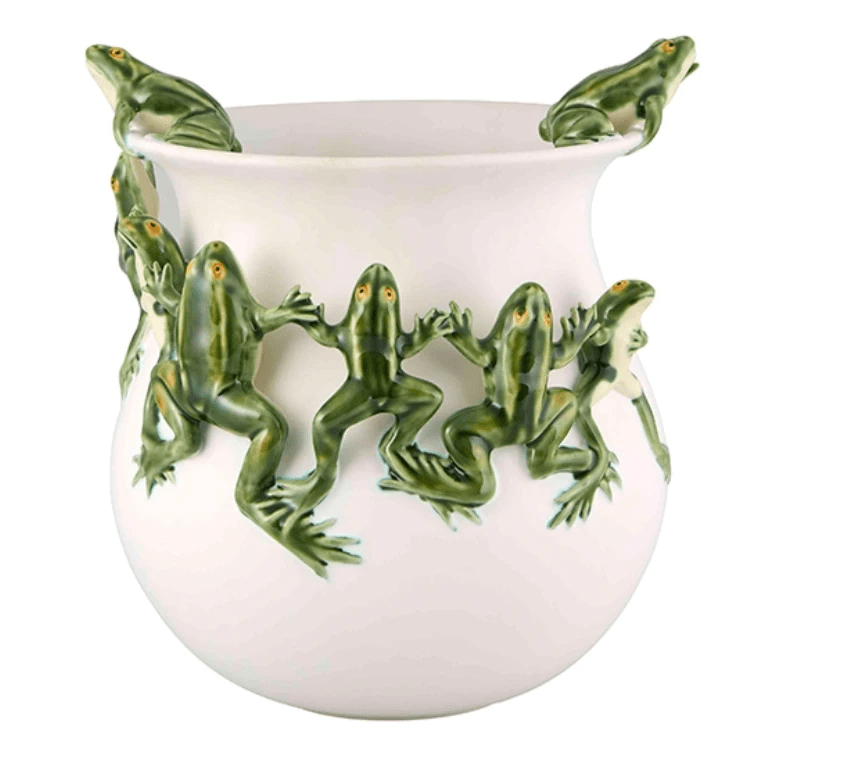 White Vase with whimsical frogs by Fragola