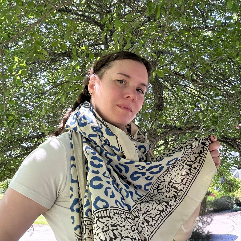 Wild Indigo Bloom – Hand Block Print Cotton Scarf, Oversized Boho Wrap & Lightweight Sarong Clothing and Accessories La Vie Bien Wild Indigo Bloom – Hand Block Print Cotton Scarf, Oversized Boho Wrap & Lightweight Sarong