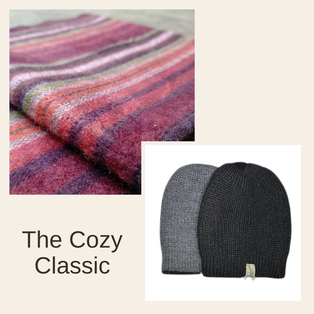 Alpaca Scarf and Beanie Gift Set, Black with White Plaid Scarf, Gray and Black Beanie