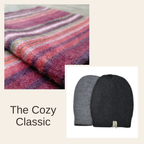 Alpaca Scarf and Beanie Gift Set, Black with White Plaid Scarf, Gray and Black Beanie