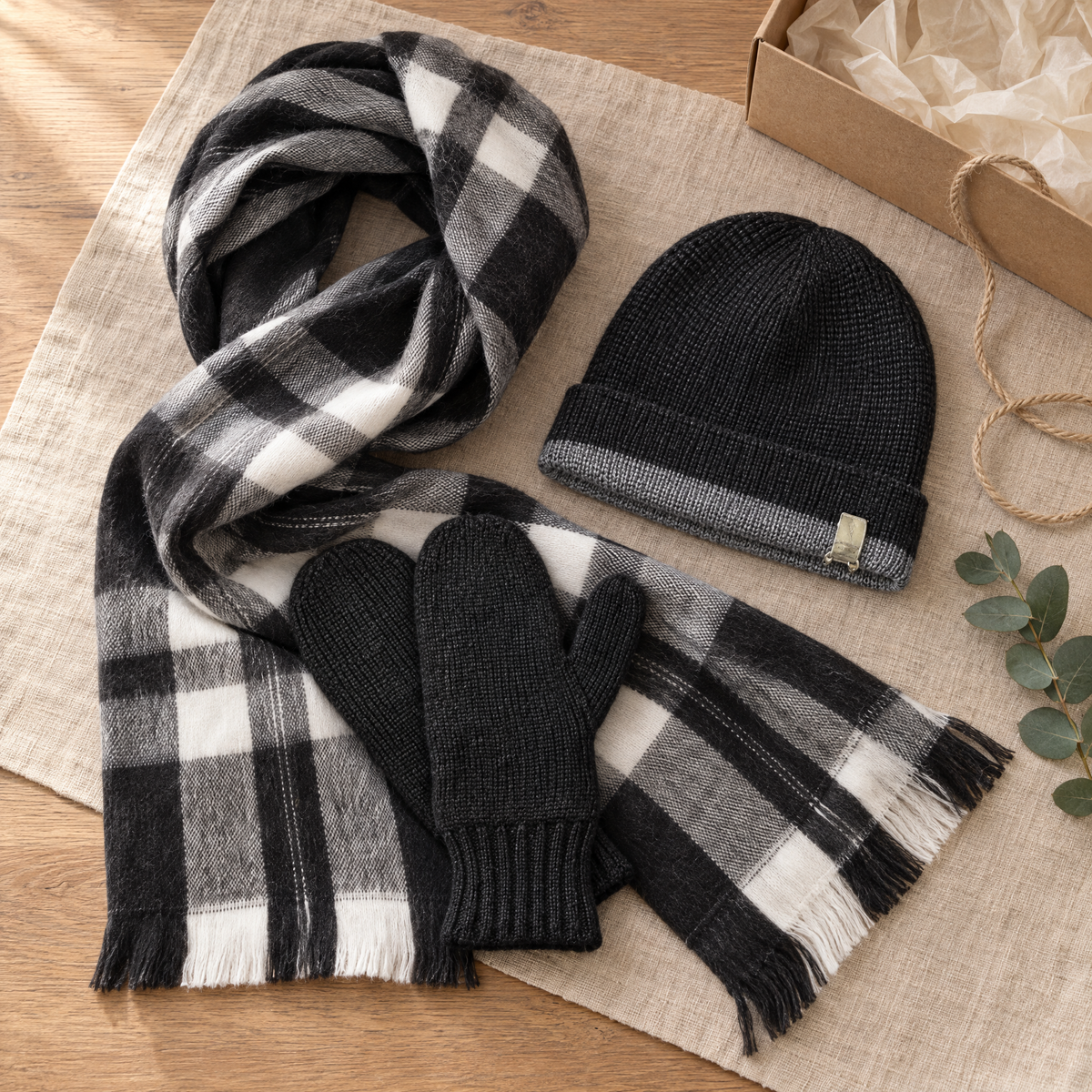 Alpaca Full Winter Gift Set, Black with White Plaid Scarf, Gray and Black Beanie, Black Fleece Lined Mittens