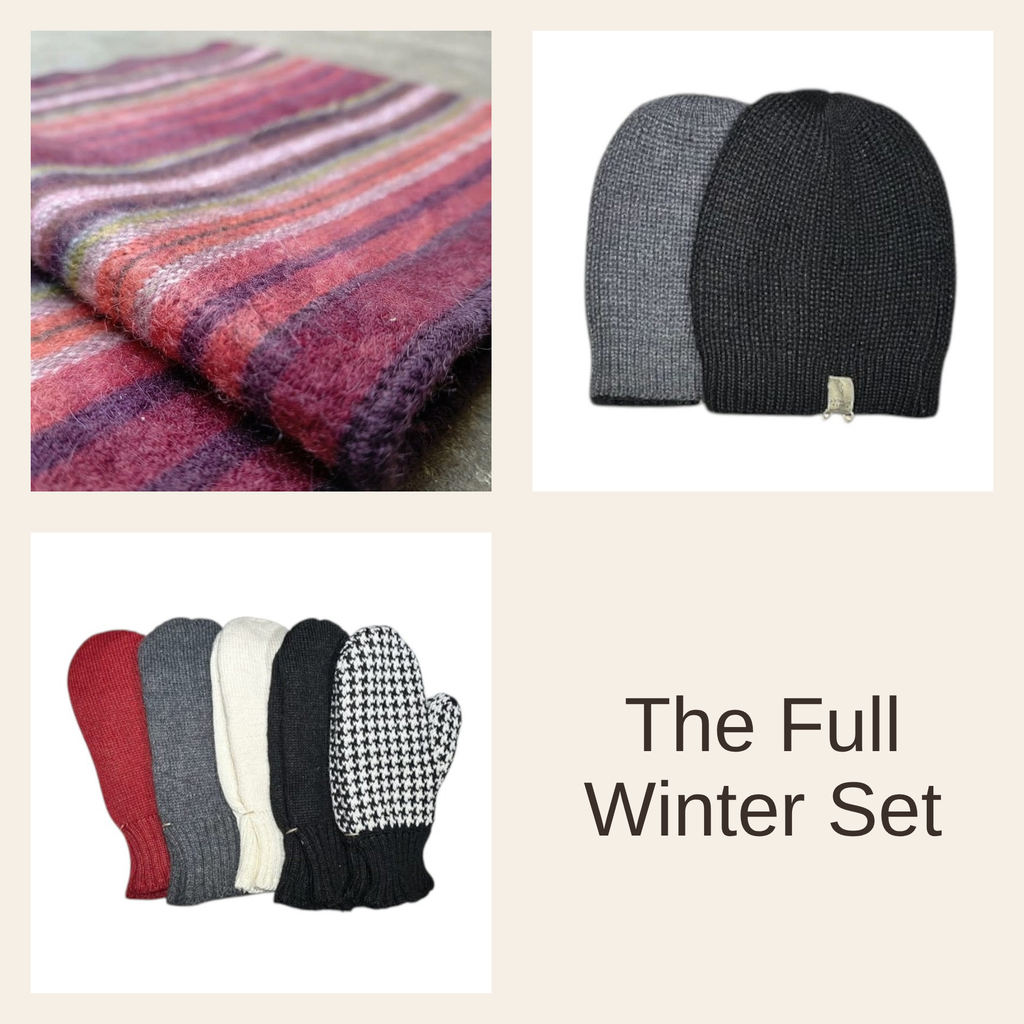 Alpaca Full Winter Gift Set, Black with White Plaid Scarf, Gray and Black Beanie, Black Fleece Lined Mittens