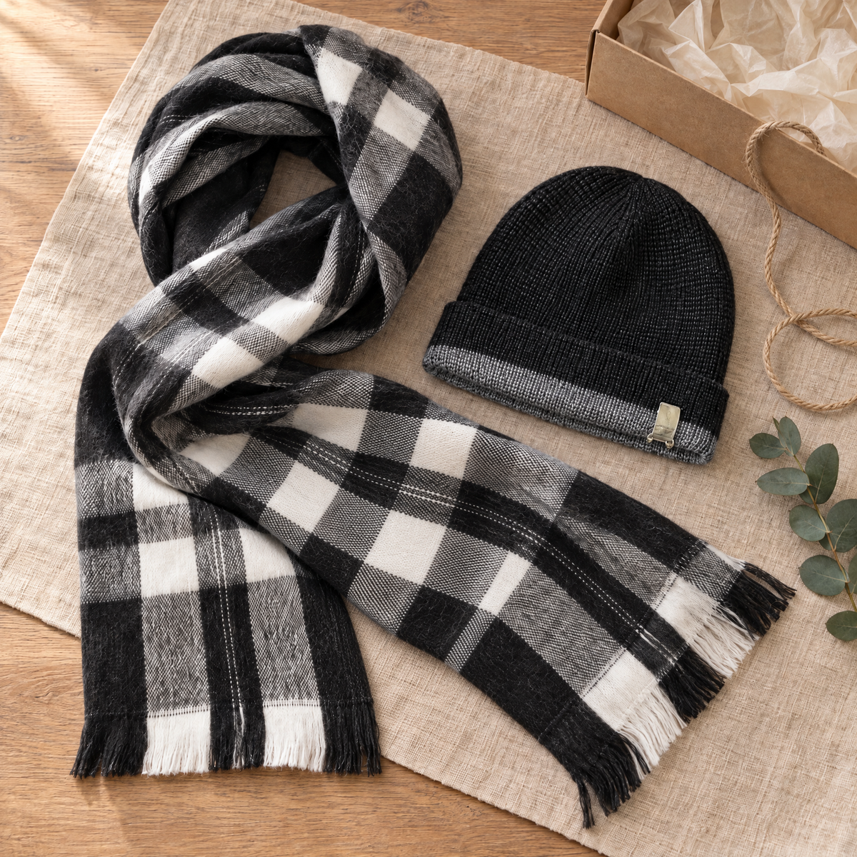 Alpaca Scarf and Beanie Gift Set, Black with White Plaid Scarf, Gray and Black Beanie