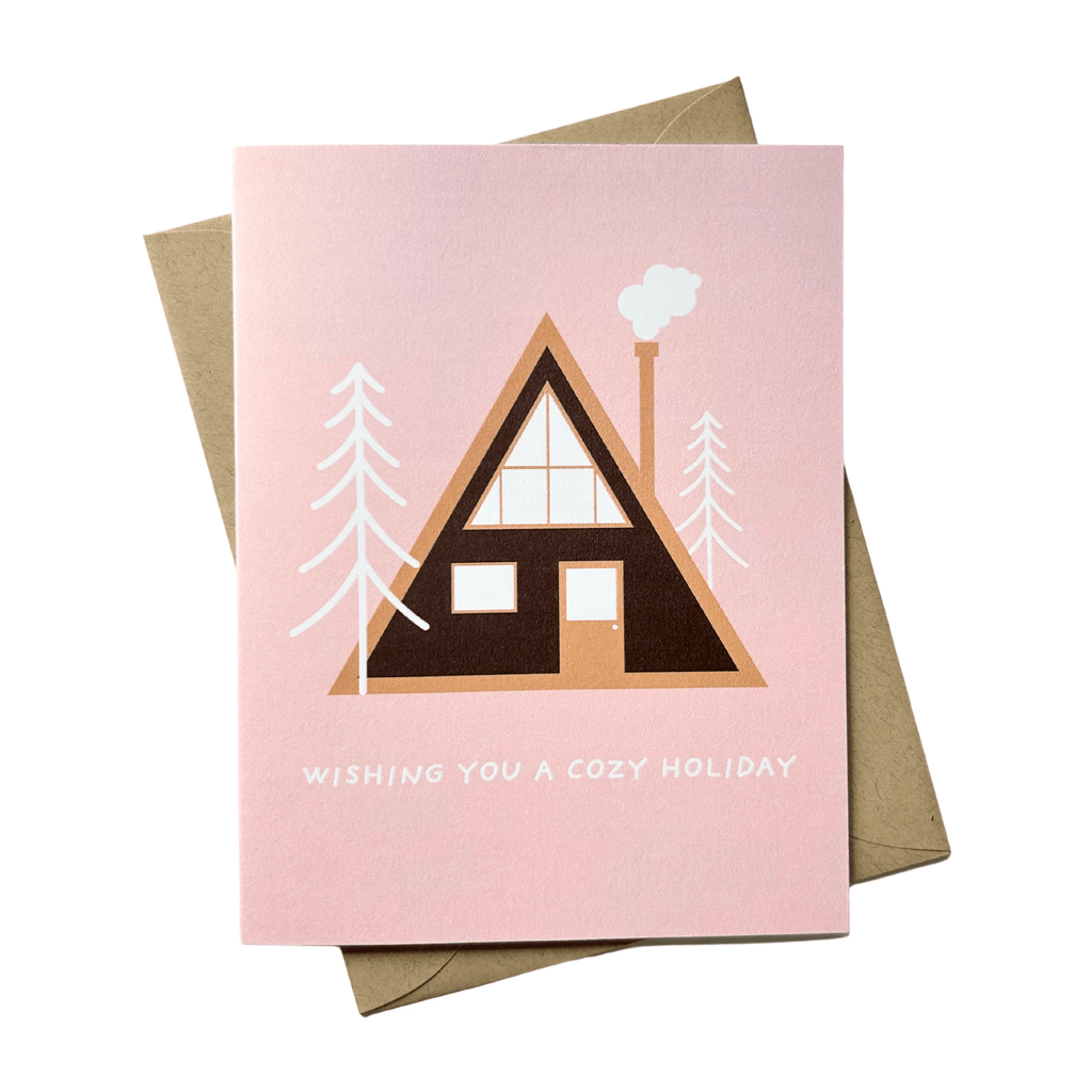 Wishing You a Cozy Holiday Christmas Card – Cute Cabin Winter Scene by Five Dot Post