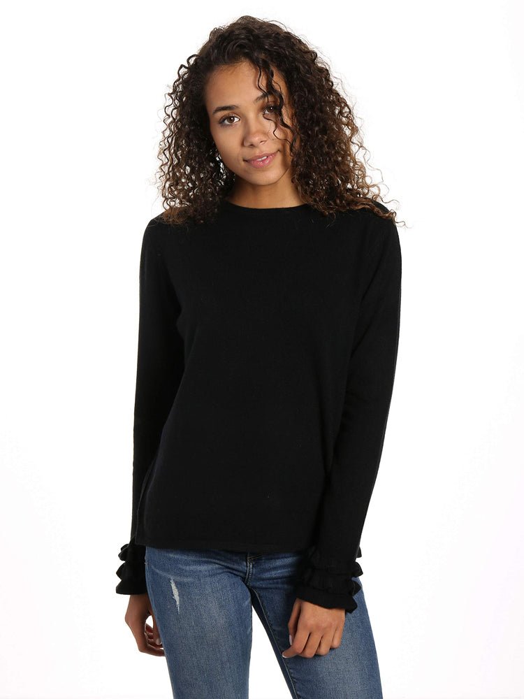 Women's 100% Cashmere Crew Neck Sweater with Ruffle Sleeve pullover-sweaters La Vie Bien Women's 100% Cashmere Crew Neck Sweater with Ruffle Sleeve