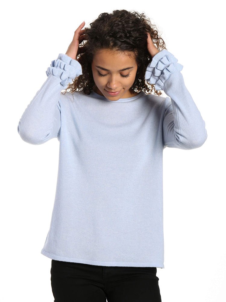 Women's 100% Cashmere Crew Neck Sweater with Ruffle Sleeve pullover-sweaters La Vie Bien Women's 100% Cashmere Crew Neck Sweater with Ruffle Sleeve