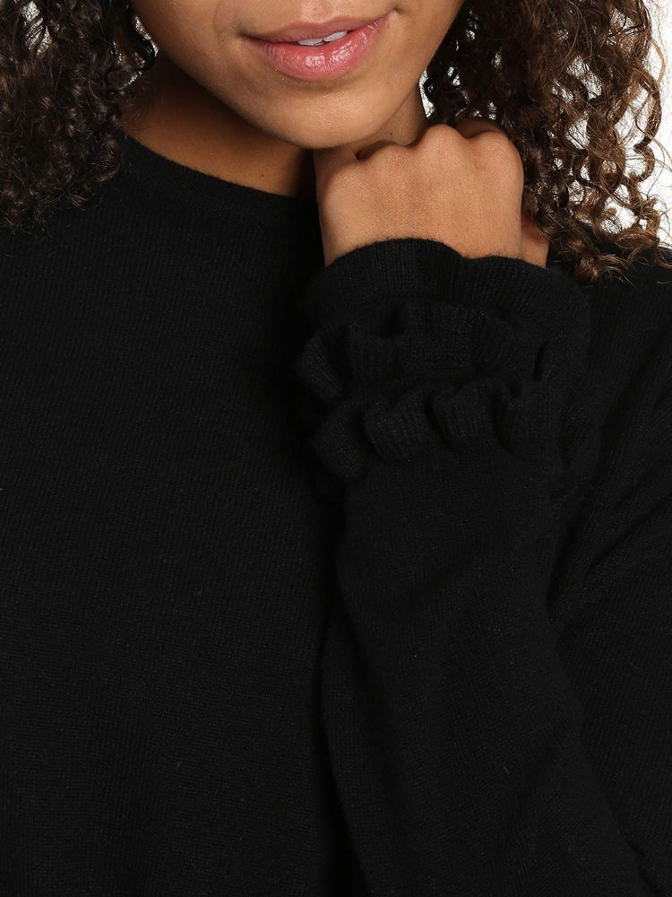 Women's 100% Cashmere Crew Neck Sweater with Ruffle Sleeve pullover-sweaters La Vie Bien Women's 100% Cashmere Crew Neck Sweater with Ruffle Sleeve