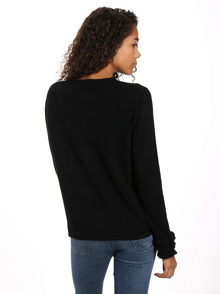 Women's 100% Cashmere Crew Neck Sweater with Ruffle Sleeve pullover-sweaters La Vie Bien Women's 100% Cashmere Crew Neck Sweater with Ruffle Sleeve