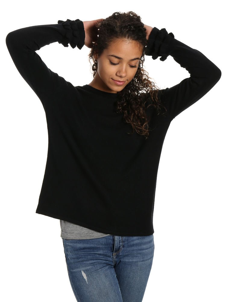 Women's 100% Cashmere Crew Neck Sweater with Ruffle Sleeve pullover-sweaters La Vie Bien Women's 100% Cashmere Crew Neck Sweater with Ruffle Sleeve