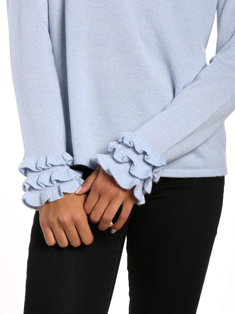 Women's 100% Cashmere Crew Neck Sweater with Ruffle Sleeve pullover-sweaters La Vie Bien Women's 100% Cashmere Crew Neck Sweater with Ruffle Sleeve