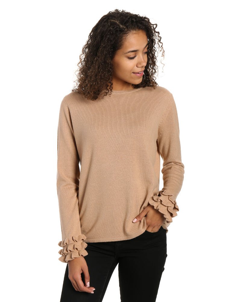 Women's 100% Cashmere Crew Neck Sweater with Ruffle Sleeve pullover-sweaters La Vie Bien Women's 100% Cashmere Crew Neck Sweater with Ruffle Sleeve