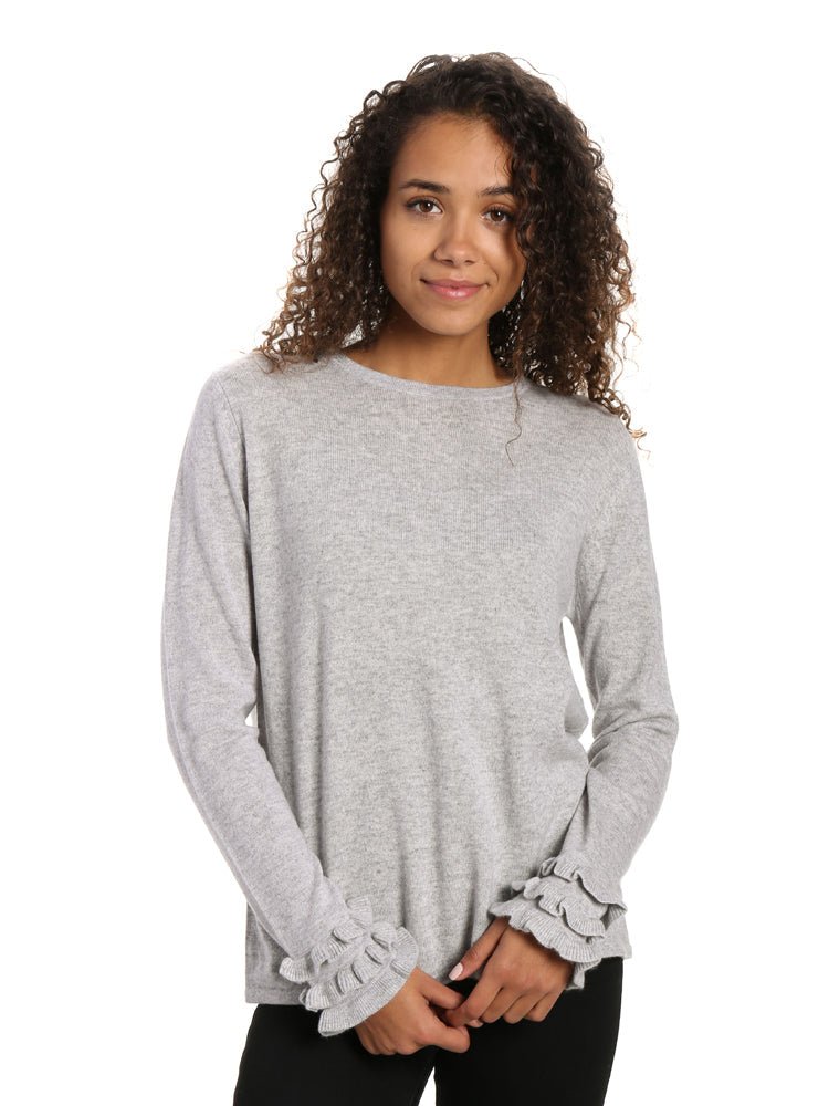 Women's 100% Cashmere Crew Neck Sweater with Ruffle Sleeve pullover-sweaters La Vie Bien Women's 100% Cashmere Crew Neck Sweater with Ruffle Sleeve