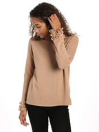 Women's 100% Cashmere Crew Neck Sweater with Ruffle Sleeve pullover-sweaters La Vie Bien Women's 100% Cashmere Crew Neck Sweater with Ruffle Sleeve