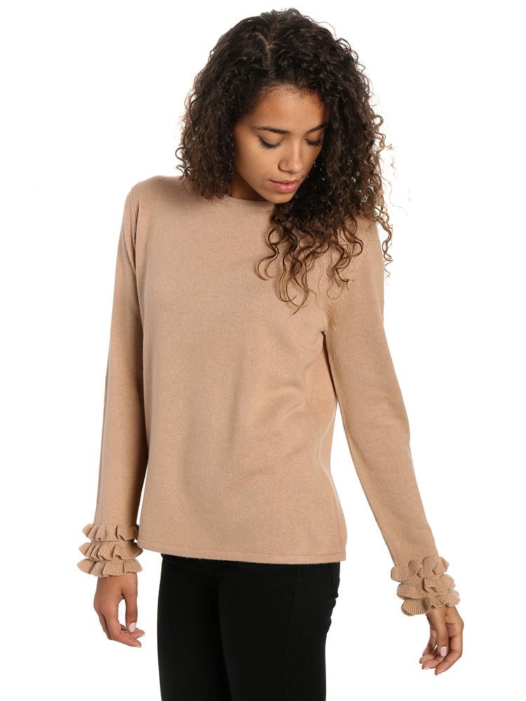 Women's 100% Cashmere Crew Neck Sweater with Ruffle Sleeve pullover-sweaters La Vie Bien Women's 100% Cashmere Crew Neck Sweater with Ruffle Sleeve