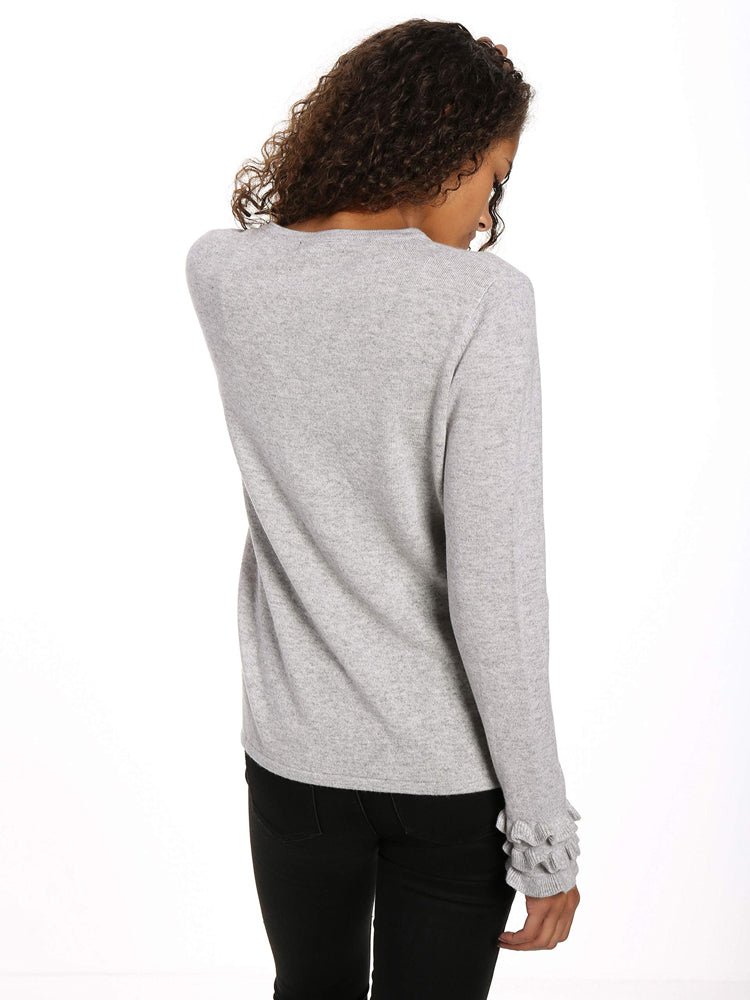 Women's 100% Cashmere Crew Neck Sweater with Ruffle Sleeve pullover-sweaters La Vie Bien Women's 100% Cashmere Crew Neck Sweater with Ruffle Sleeve