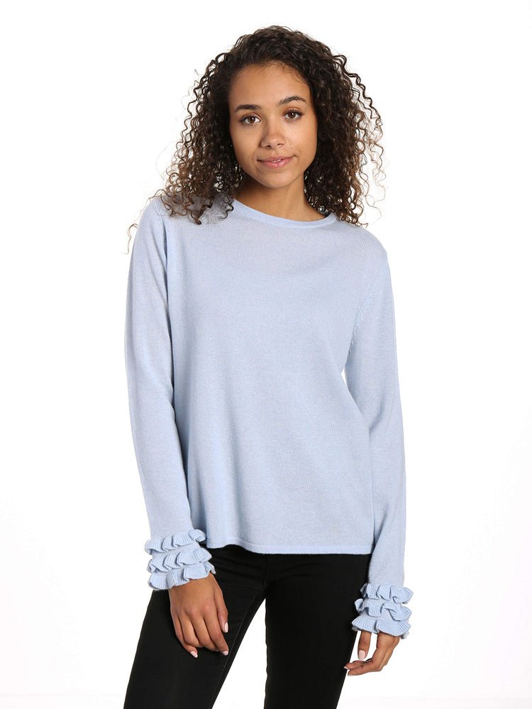 Women's 100% Cashmere Crew Neck Sweater with Ruffle Sleeve pullover-sweaters La Vie Bien Women's 100% Cashmere Crew Neck Sweater with Ruffle Sleeve