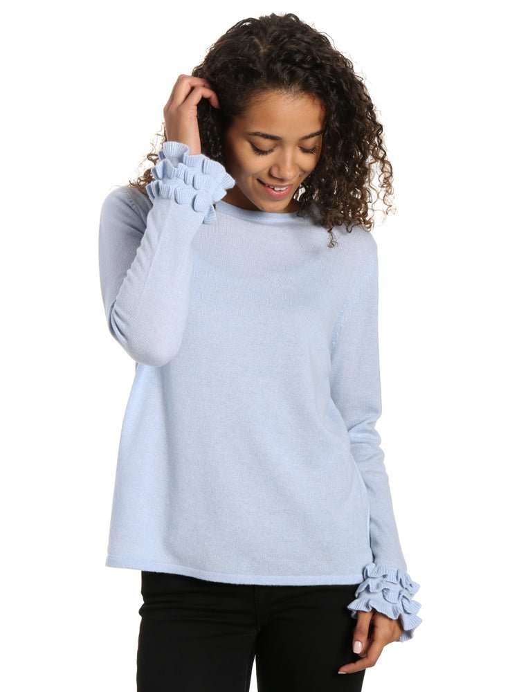 Women's 100% Cashmere Crew Neck Sweater with Ruffle Sleeve pullover-sweaters La Vie Bien Women's 100% Cashmere Crew Neck Sweater with Ruffle Sleeve