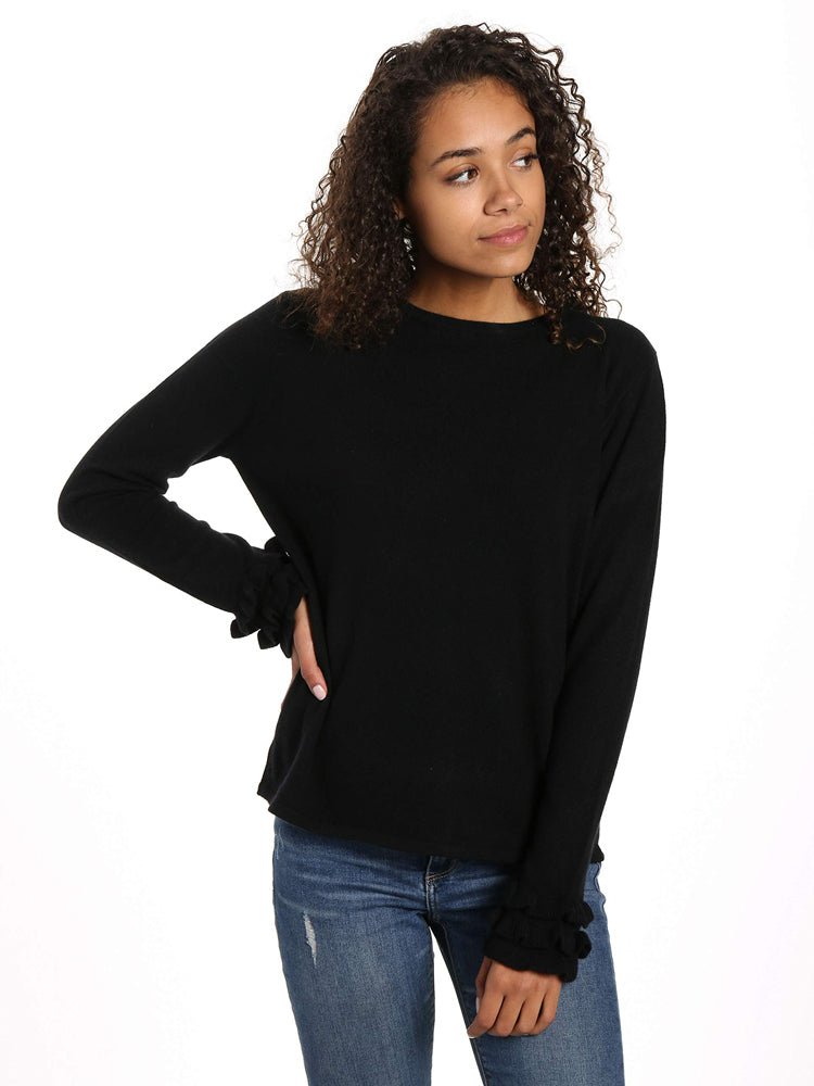 Women's 100% Cashmere Crew Neck Sweater with Ruffle Sleeve pullover-sweaters La Vie Bien Women's 100% Cashmere Crew Neck Sweater with Ruffle Sleeve