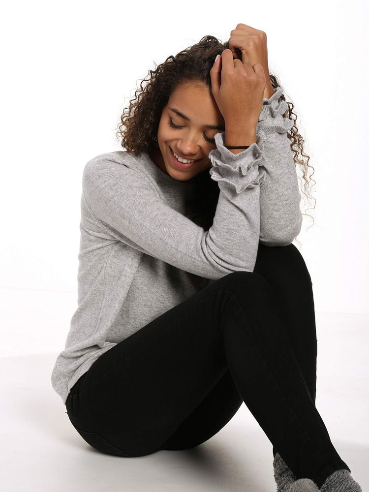 Women's 100% Cashmere Crew Neck Sweater with Ruffle Sleeve pullover-sweaters La Vie Bien Women's 100% Cashmere Crew Neck Sweater with Ruffle Sleeve