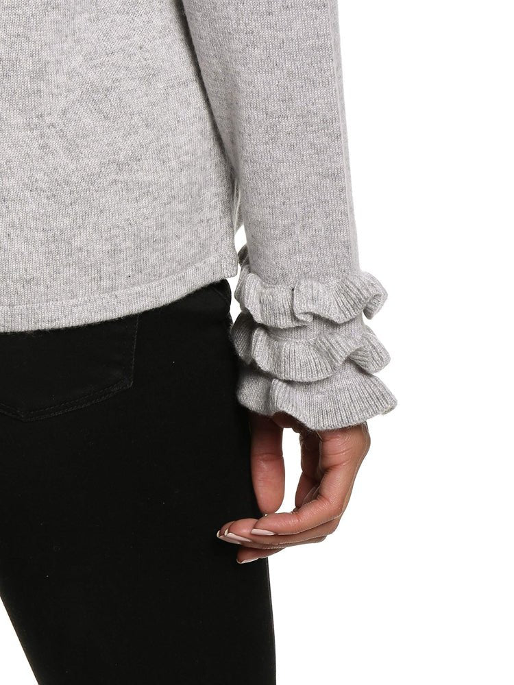 Women's 100% Cashmere Crew Neck Sweater with Ruffle Sleeve pullover-sweaters La Vie Bien Women's 100% Cashmere Crew Neck Sweater with Ruffle Sleeve