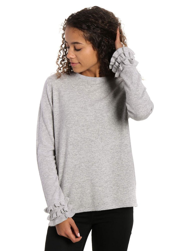 Women's 100% Cashmere Crew Neck Sweater with Ruffle Sleeve pullover-sweaters La Vie Bien Women's 100% Cashmere Crew Neck Sweater with Ruffle Sleeve