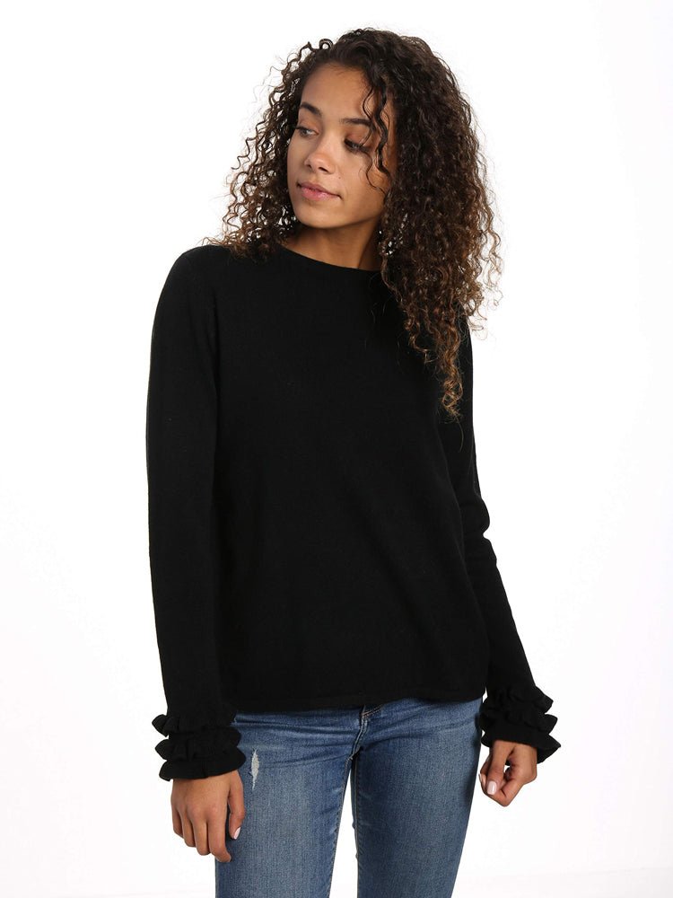 Women's 100% Cashmere Crew Neck Sweater with Ruffle Sleeve pullover-sweaters La Vie Bien Women's 100% Cashmere Crew Neck Sweater with Ruffle Sleeve