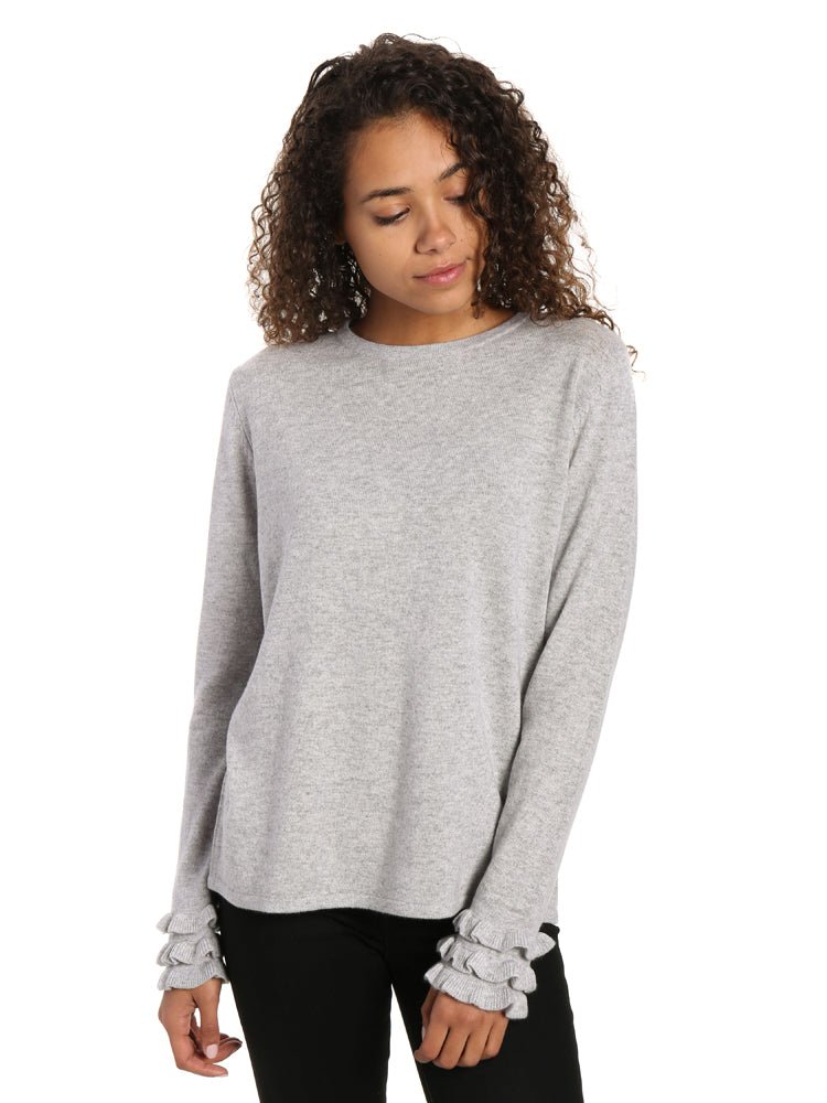 Women's 100% Cashmere Crew Neck Sweater with Ruffle Sleeve pullover-sweaters La Vie Bien Women's 100% Cashmere Crew Neck Sweater with Ruffle Sleeve