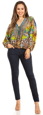 Women's Boho Floral Tunic Top with V-Neck and Elastic Sleeves by Sakkas Sante tops La Vie Bien Women's Boho Floral Tunic Top with V-Neck and Elastic Sleeves by Sakkas Sante