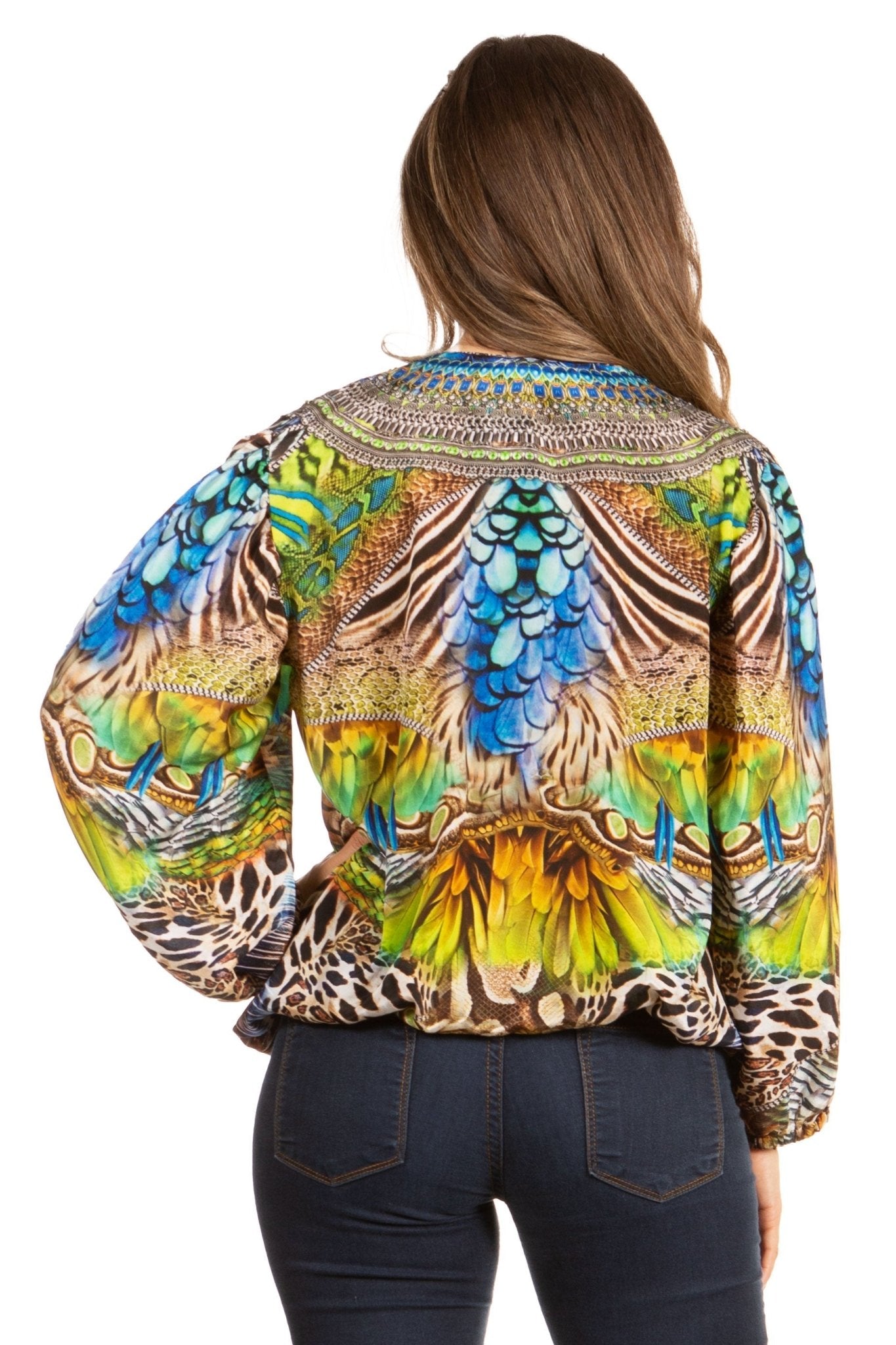 Women's Boho Floral Tunic Top with V-Neck and Elastic Sleeves by Sakkas Sante tops La Vie Bien Women's Boho Floral Tunic Top with V-Neck and Elastic Sleeves by Sakkas Sante