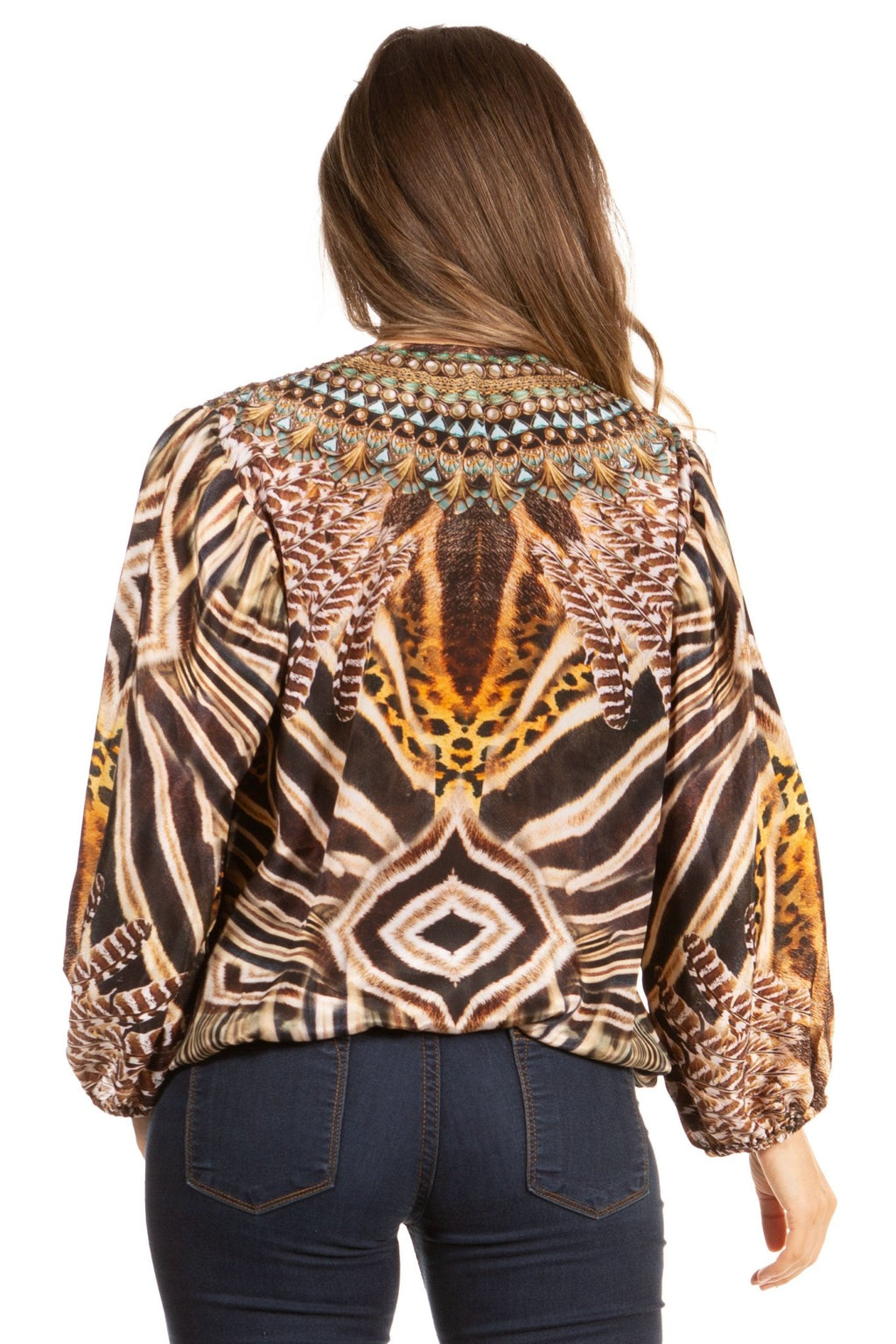 Women's Boho Floral Tunic Top with V-Neck and Elastic Sleeves by Sakkas Sante tops La Vie Bien Women's Boho Floral Tunic Top with V-Neck and Elastic Sleeves by Sakkas Sante