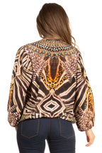 Women's Boho Floral Tunic Top with V-Neck and Elastic Sleeves by Sakkas Sante tops La Vie Bien Women's Boho Floral Tunic Top with V-Neck and Elastic Sleeves by Sakkas Sante