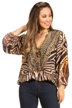 Women's Boho Floral Tunic Top with V-Neck and Elastic Sleeves by Sakkas Sante tops La Vie Bien Women's Boho Floral Tunic Top with V-Neck and Elastic Sleeves by Sakkas Sante