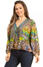 Women's Boho Floral Tunic Top with V-Neck and Elastic Sleeves by Sakkas Sante tops La Vie Bien Women's Boho Floral Tunic Top with V-Neck and Elastic Sleeves by Sakkas Sante